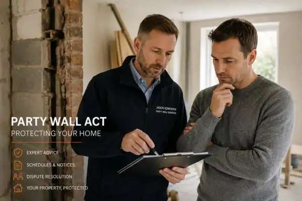 Party wall surveyor Birmingham discussing extension plans with homeowner outside a UK semi-detached house.